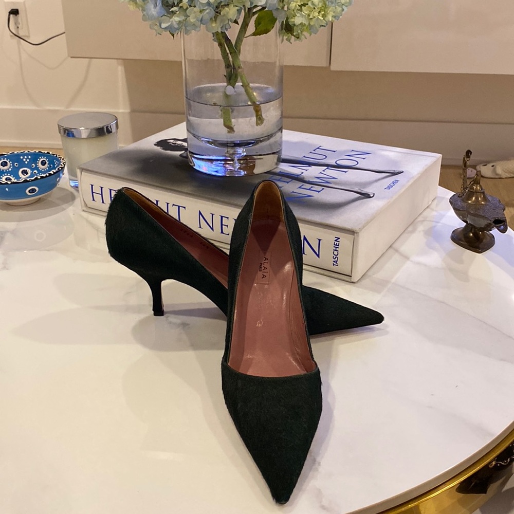 Alaia faux fur shoes, dark green color